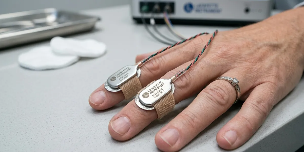 Close-up of polygraph sensors on a person's hand, electrodermal activity sensors