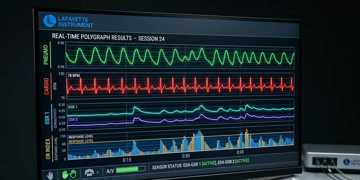 Computer screen displaying real-time polygraph test result graphs