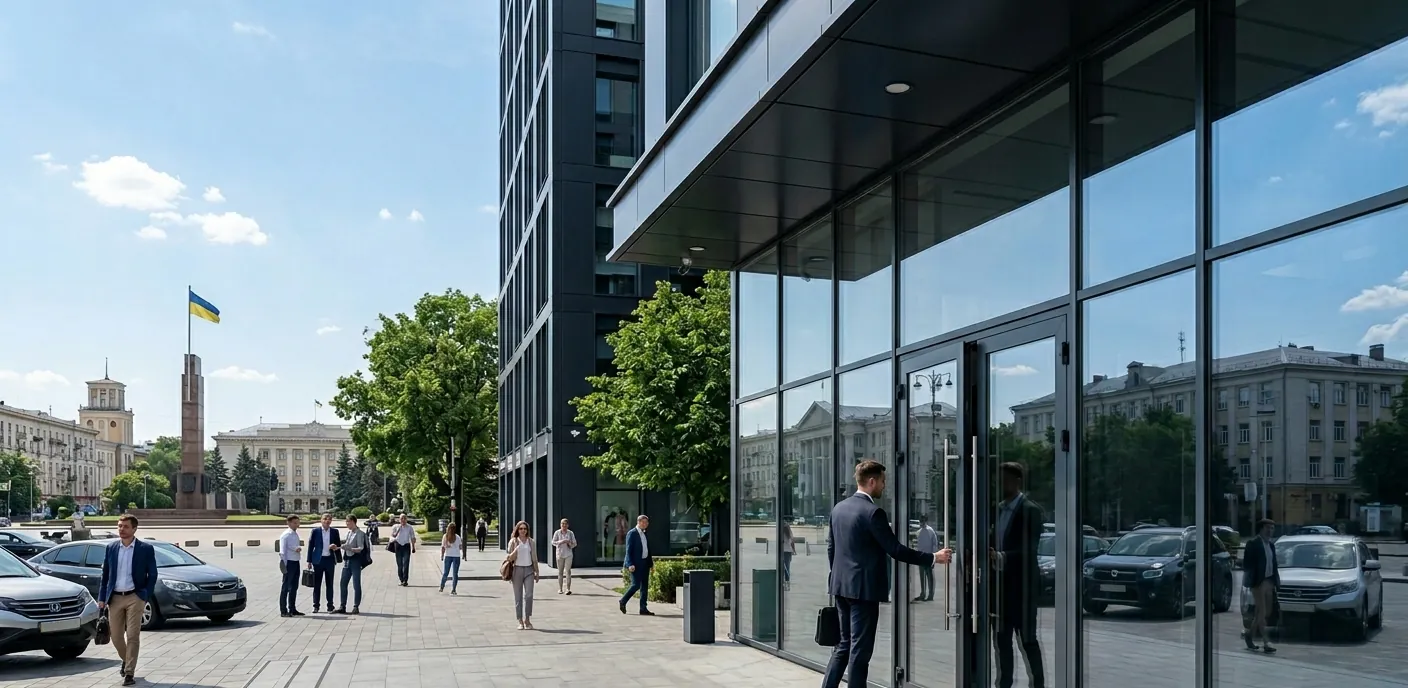 Вход в офис полиграфа на Соломенской площади в Киеве - удобное расположение рядом с метро Вокзальная