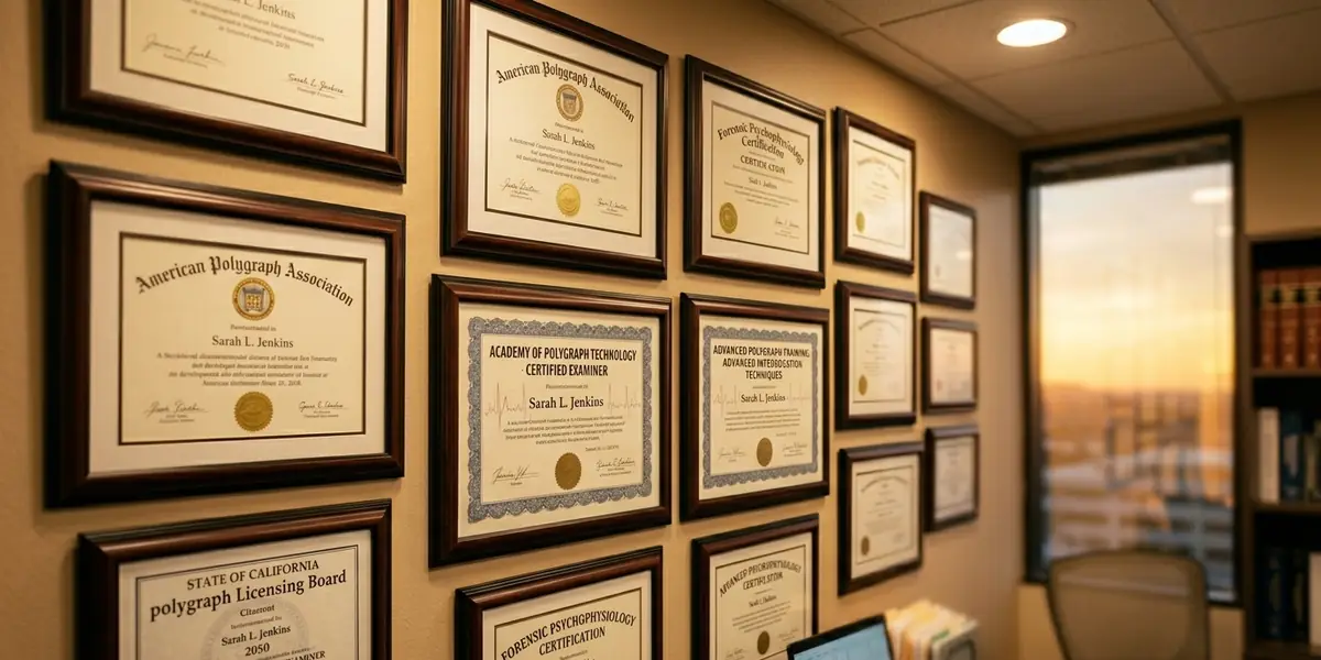 Polygraph examiner's certificates and diplomas on the office wall