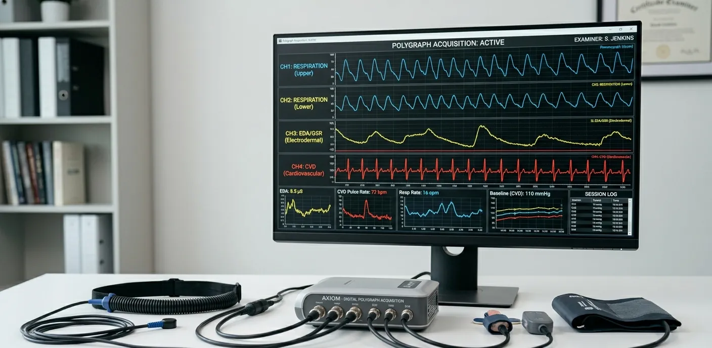 Современное оборудование полиграфа с датчиками и экраном компьютера в киевском офисе
