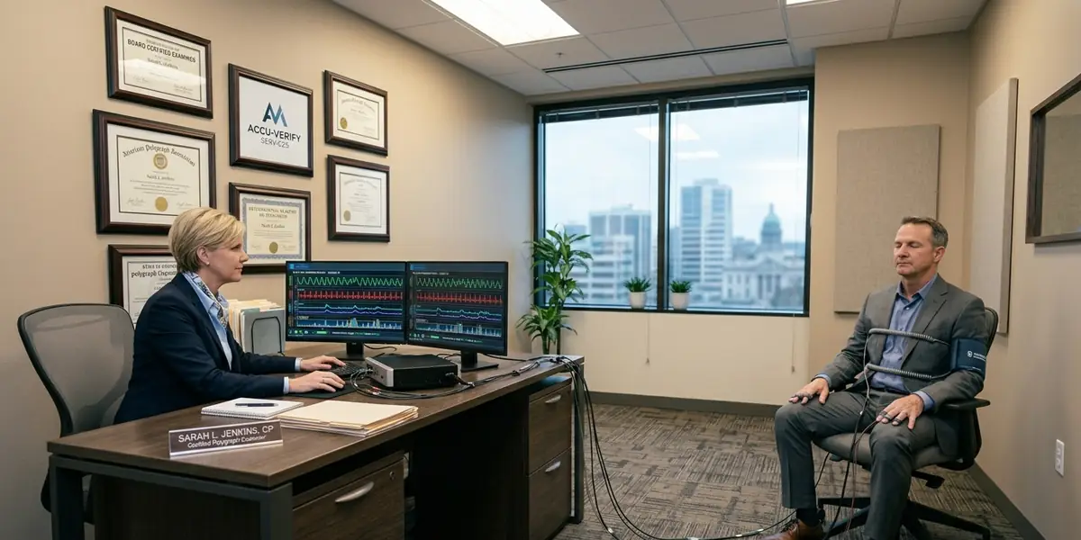 Full polygraph examination procedure: specialist at computer, examinee with sensors attached