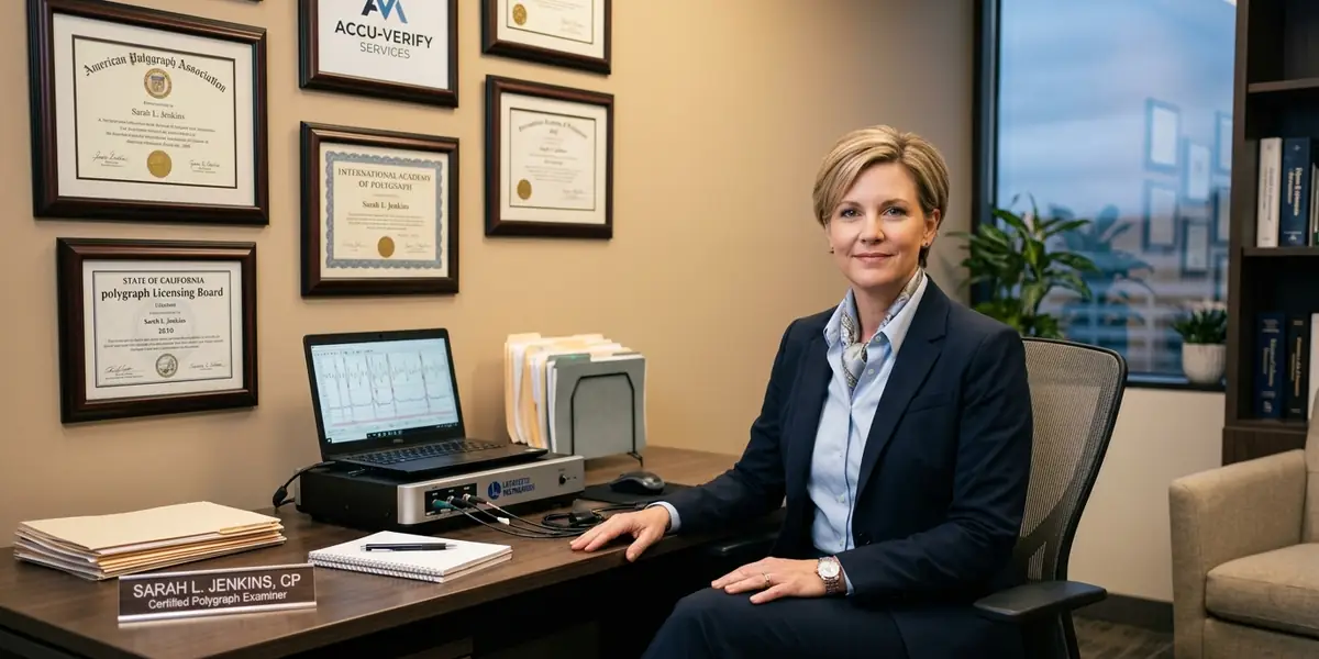 Professional polygraph examiner in a modern office with lie detector testing equipment