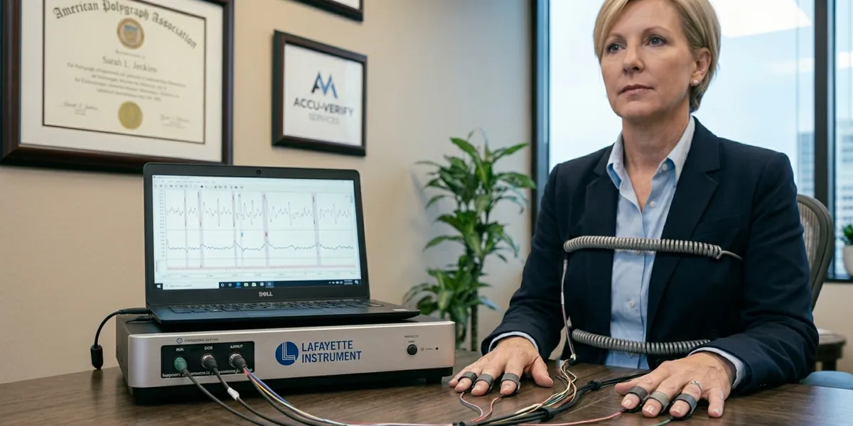 A person connected to a modern polygraph with sensors on their fingers and chest