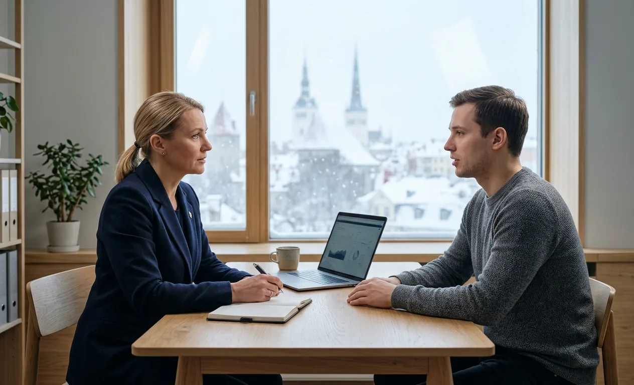 Polygraph examiner consulting a client before a lie detector test in Estonia