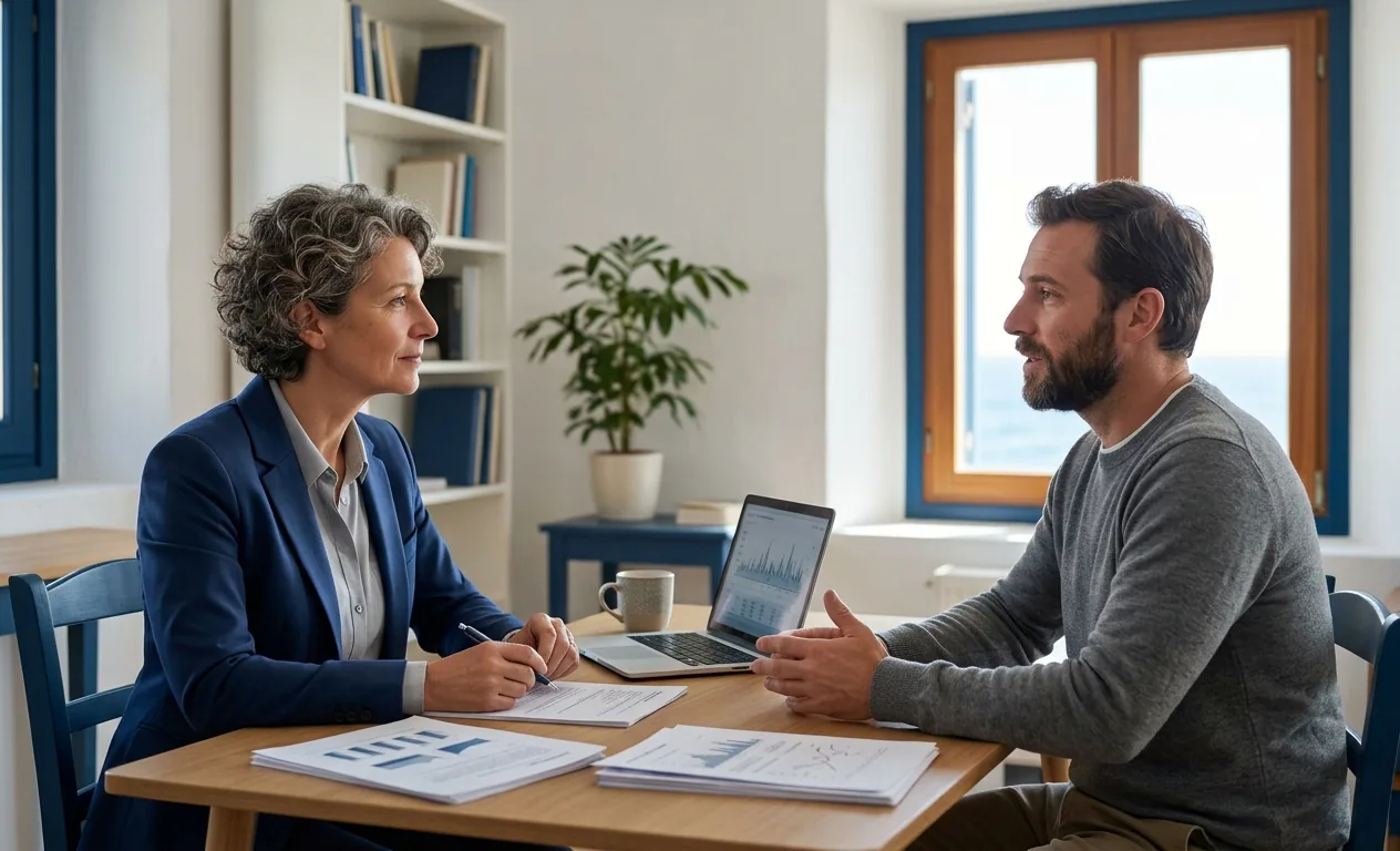Polygraph examiner consulting a client before a lie detector test in Greece