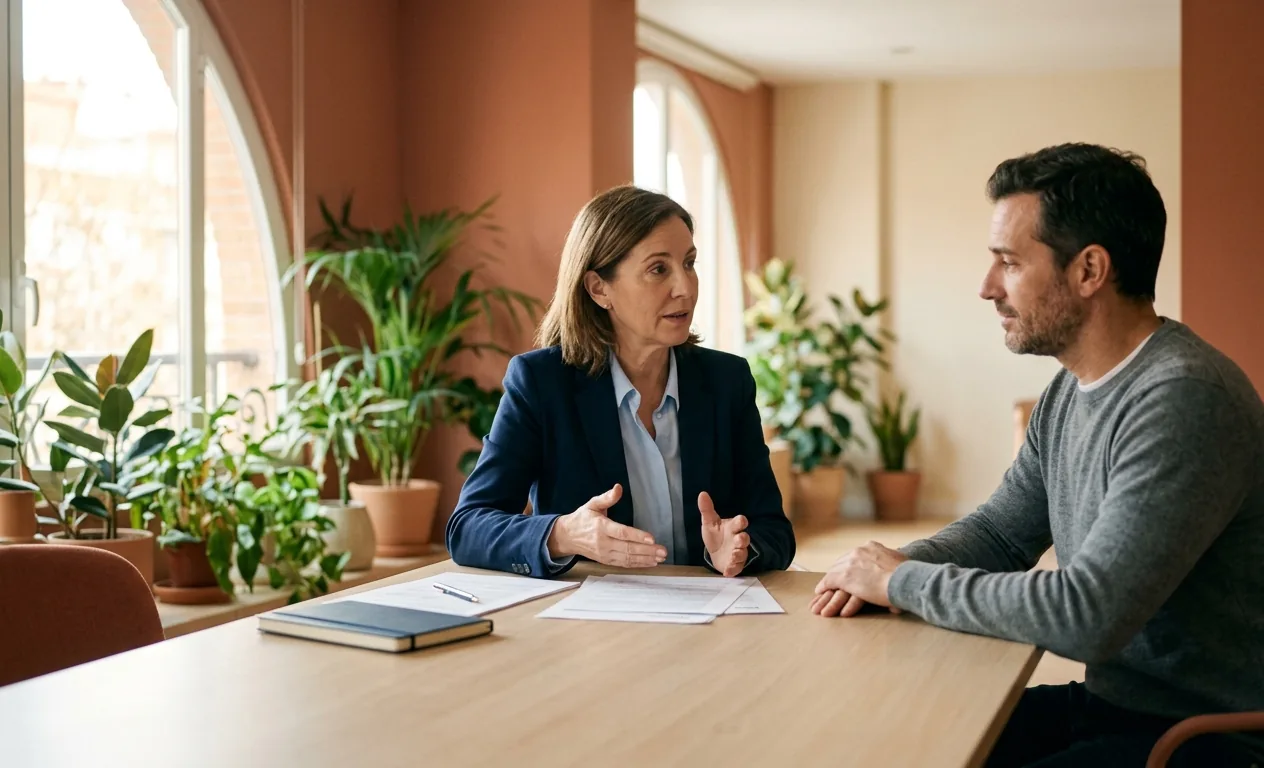 Polygraph examiner consulting a client before a lie detector test in Spain