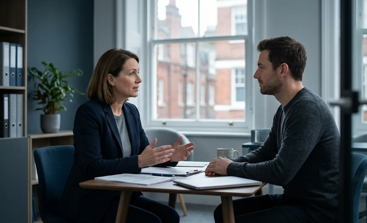 Polygraph examiner consulting a client before a lie detector test in the UK
