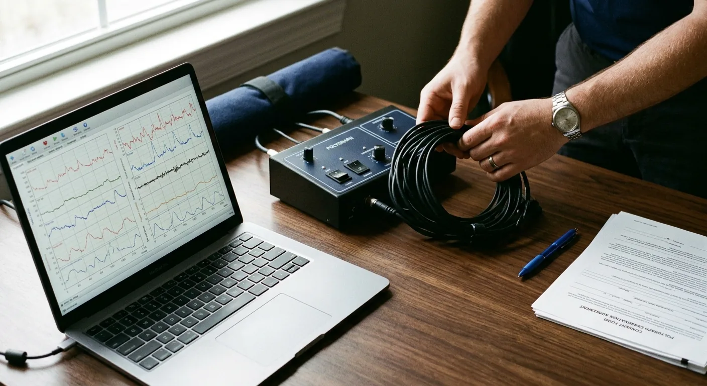 Certified SPU polygraph examiner setting up equipment for a test in London