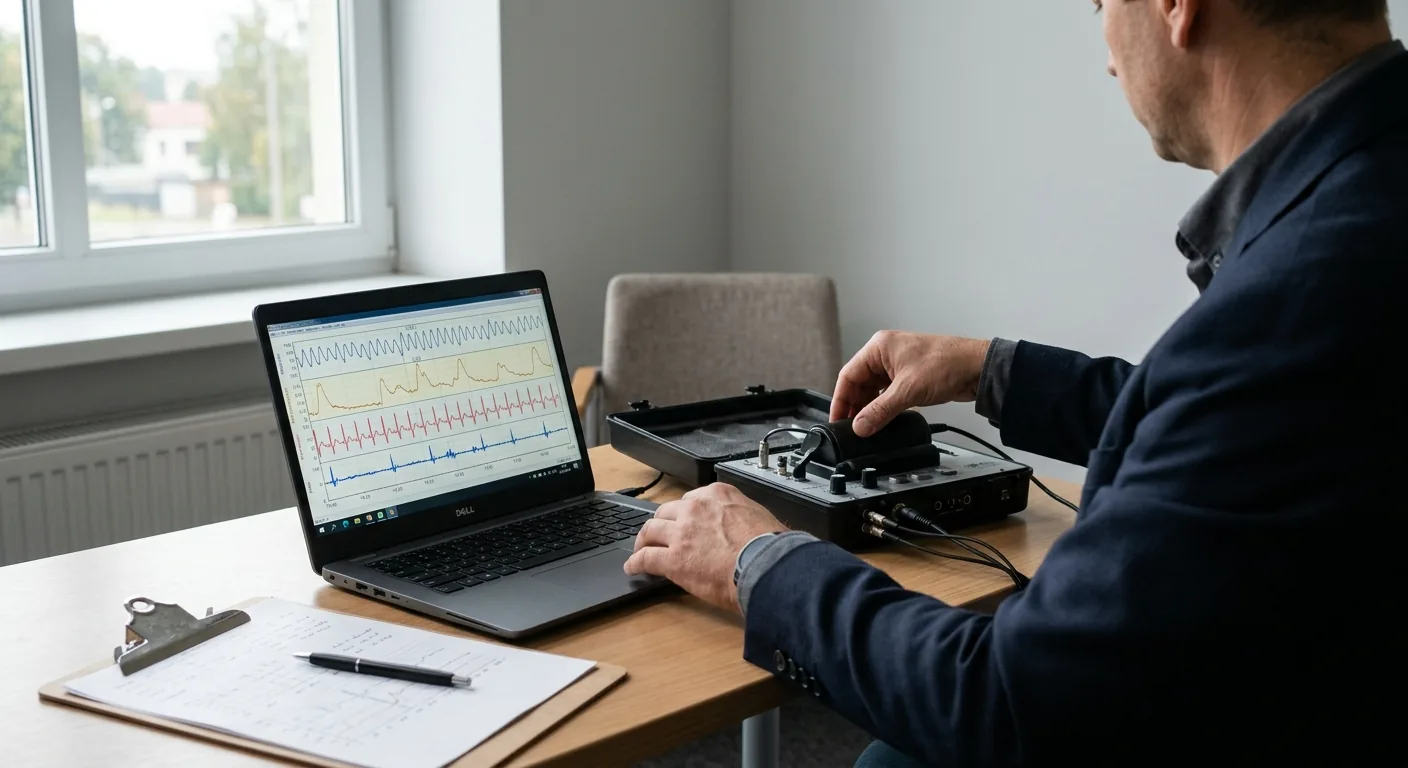 Certified SPU polygraph examiner preparing equipment for a test in Manchester