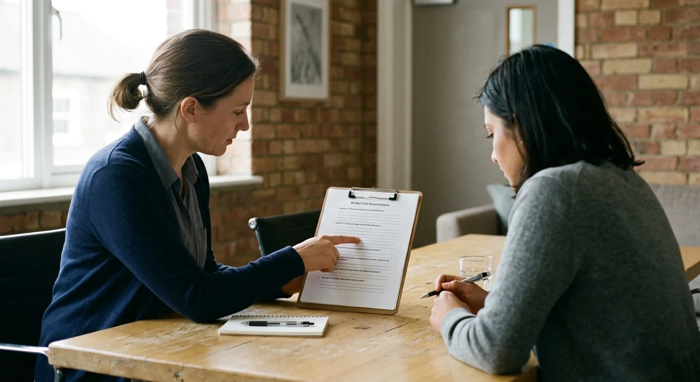 Polygraph examiner going through question wording with a client in Manchester